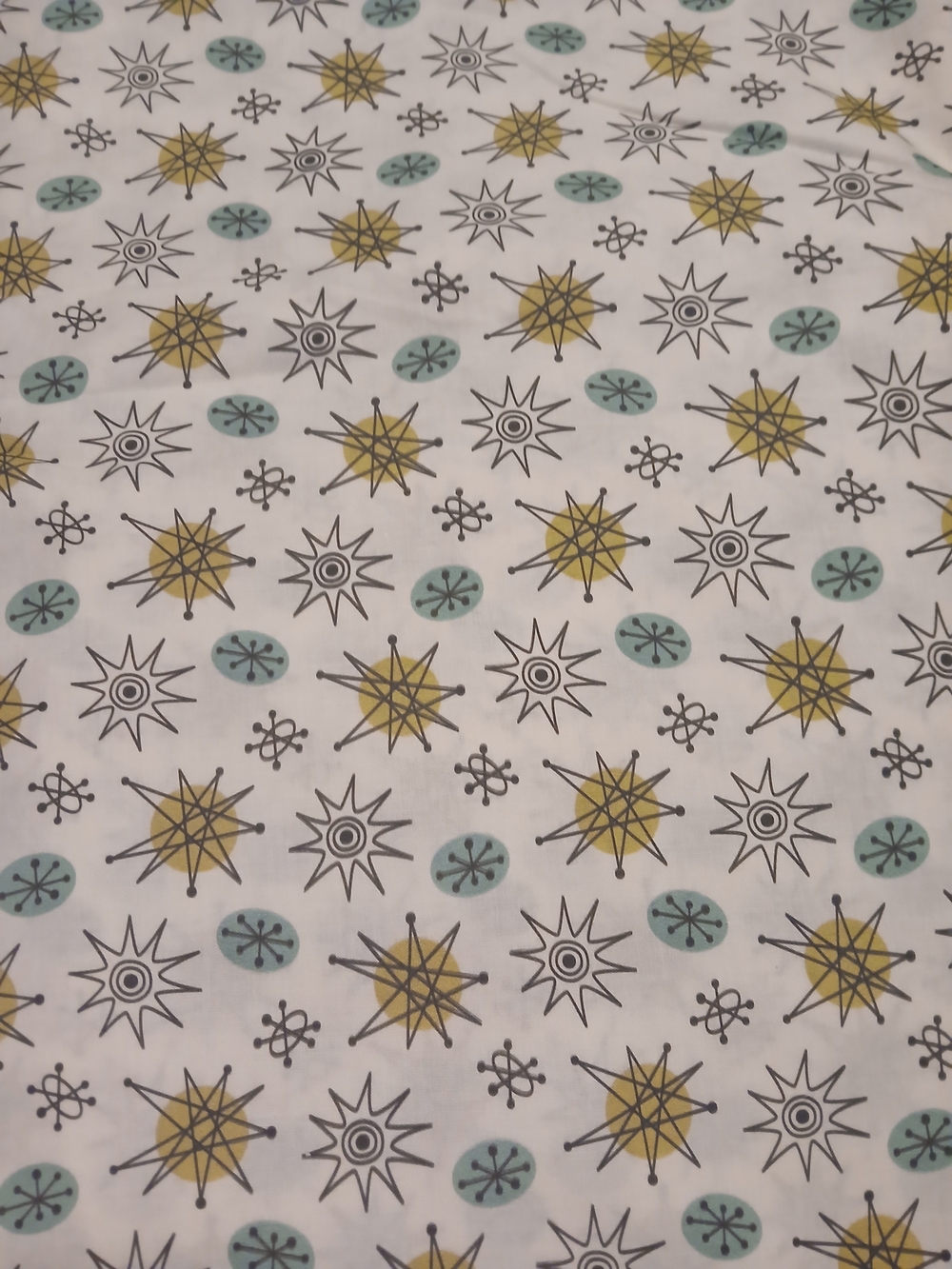 Fabric: Olive and Teal Sputnik starburst mid century Inspired Cotton Fabric